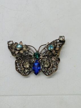 Vtg Czechoslovakia Brass Filigree Butterfly Flower Brooch w/Rhinestones